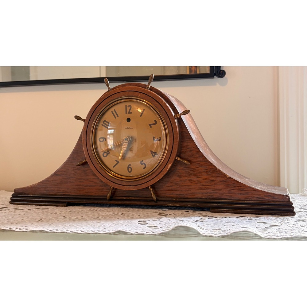 Vintage Telechron Ships Bell Wood Mantel Clock Nautical Ship Wheel - Picture 3 of 8